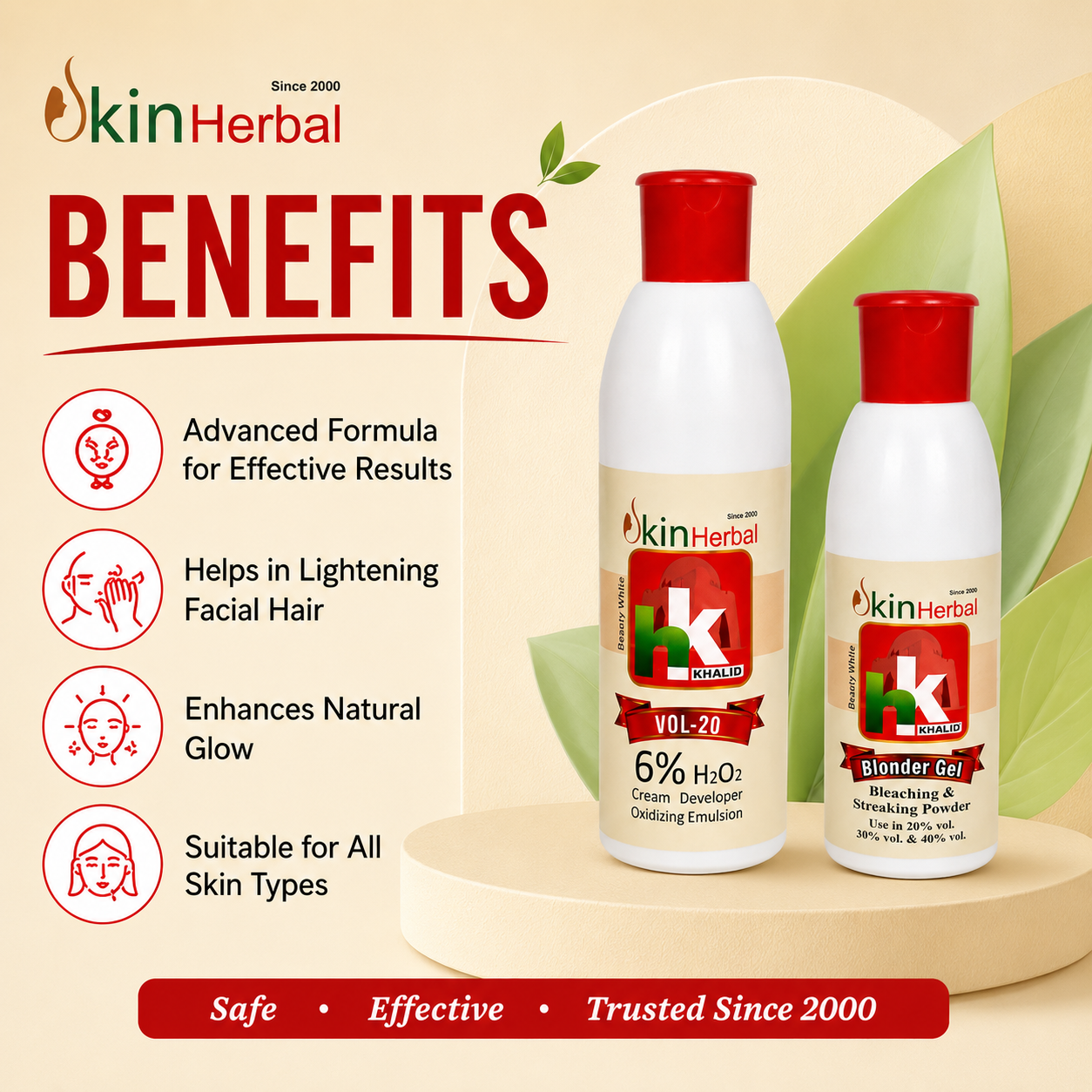 Infographic highlighting the benefits of HK Khalid Skin Herbal Bleach and Cream Developer for reducing dark spots and skin blemishes.