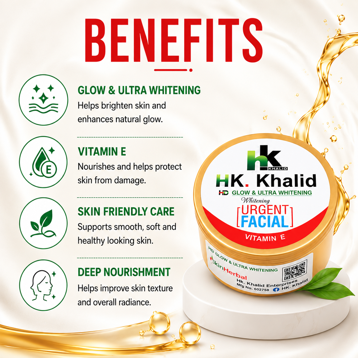 Infographic highlighting the skin benefits of HK Khalid Urgent Whitening Facial, including quick results and deep skin hydration.