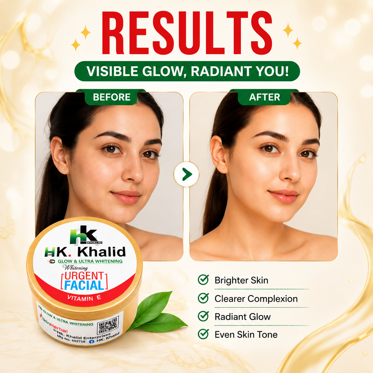 Before and after skincare results showing visibly brighter and glowing skin using HK Khalid Urgent Whitening Facial.