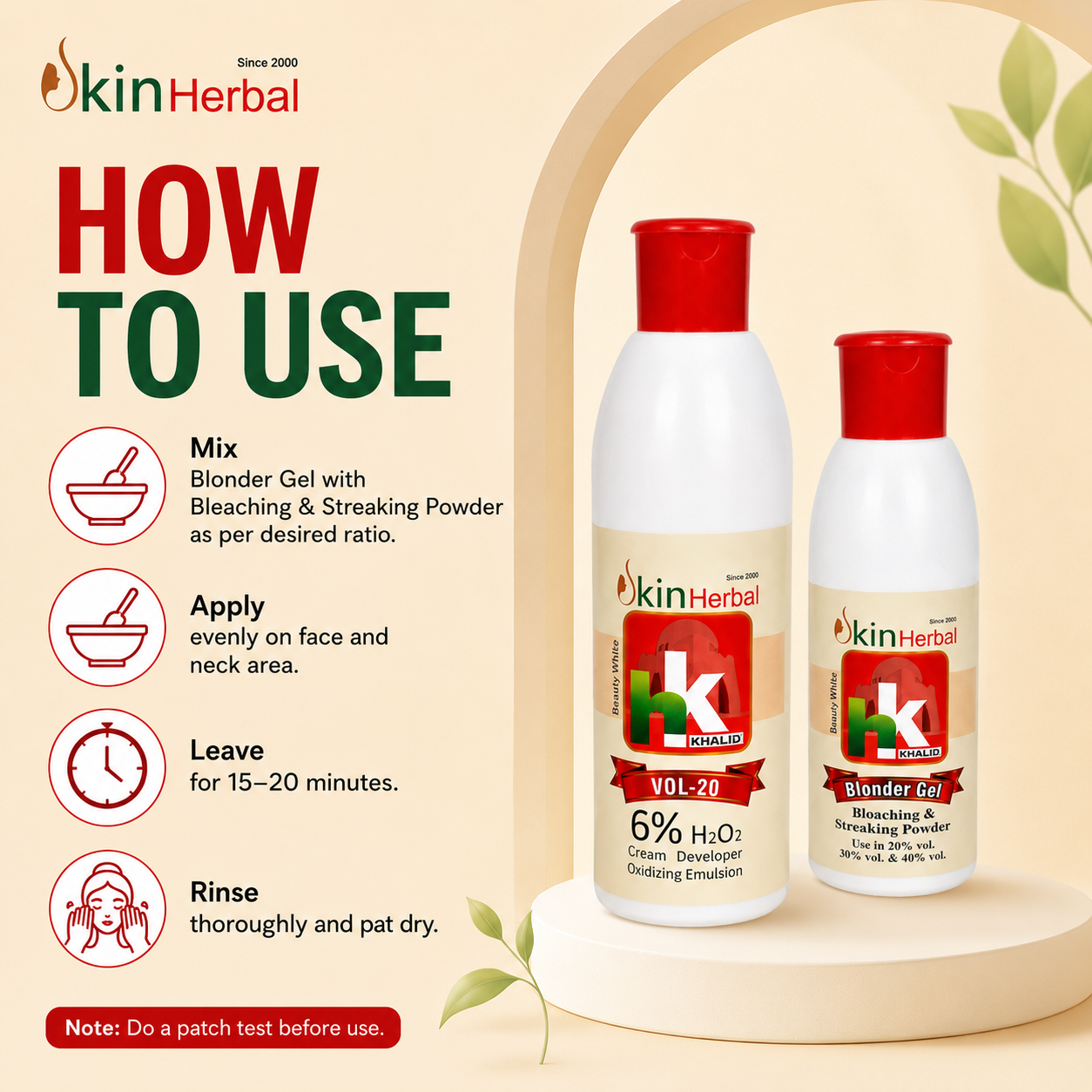 Step-by-step infographic guide showing how to apply HK Khalid Skin Herbal Bleach powder and cream developer.