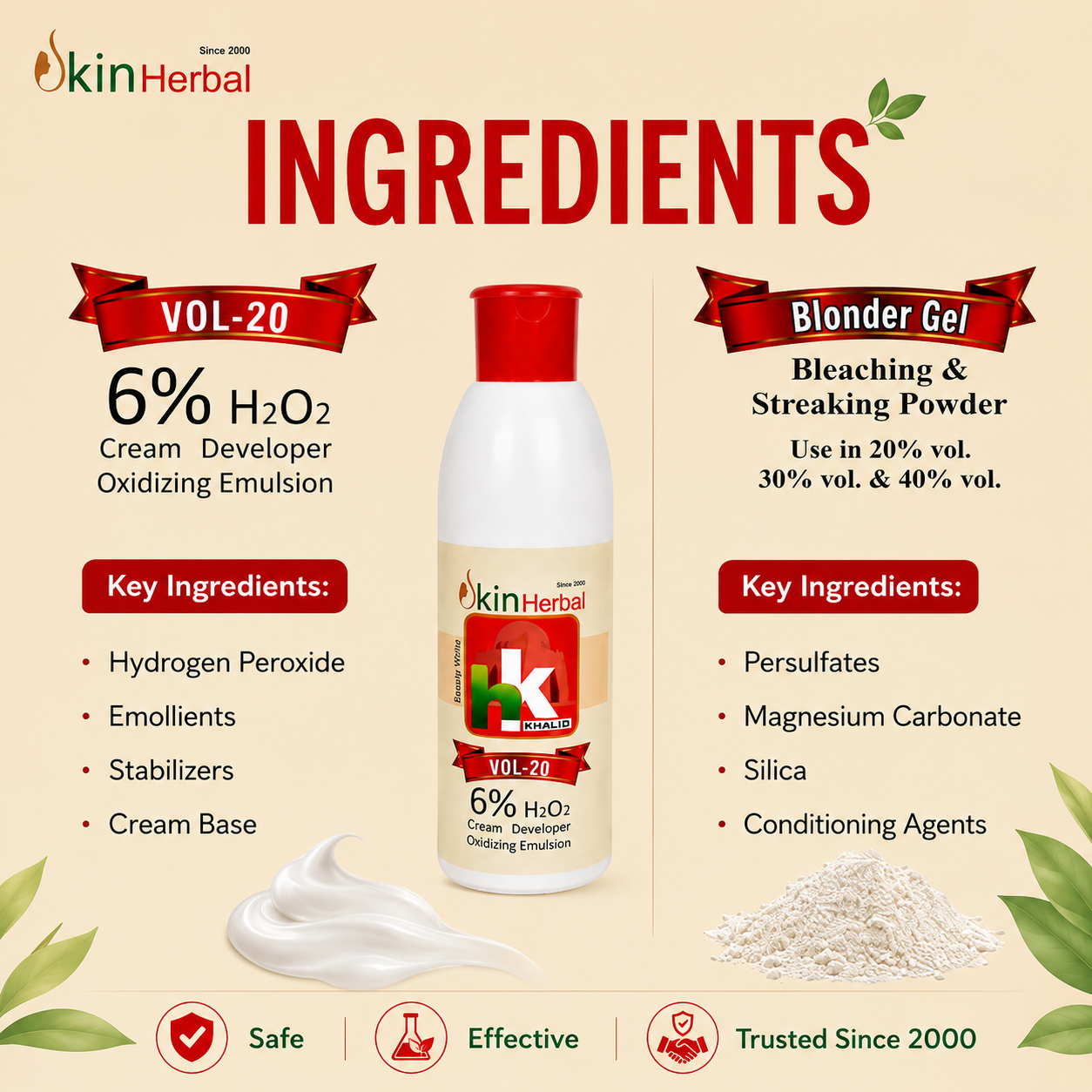 Infographic listing the natural ingredients and 6% formulation of HK Khalid Skin Herbal Bleach and Cream Developer.
