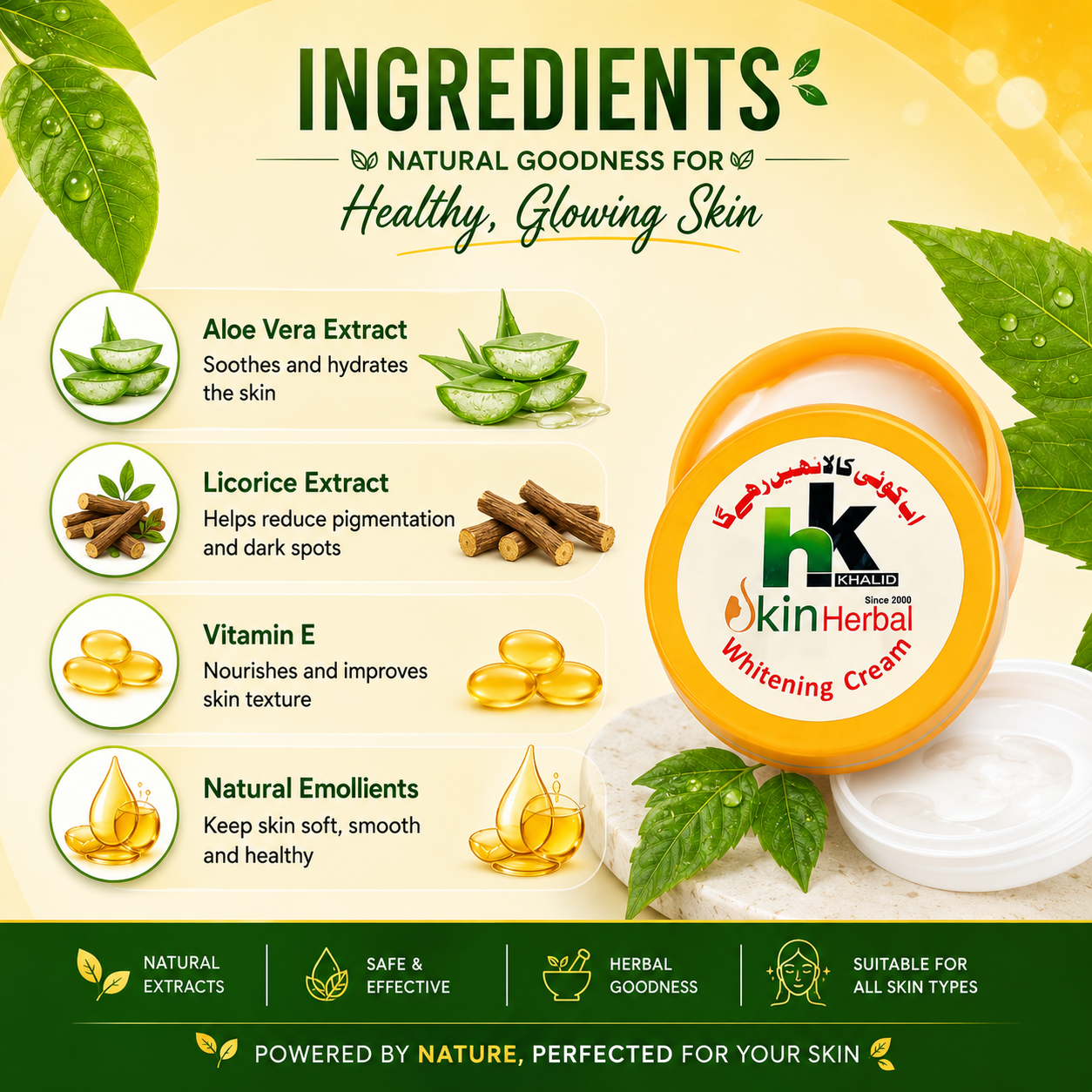 A breakdown of the healthy, glowing skin ingredients featured in the HK Khalid skincare product line.