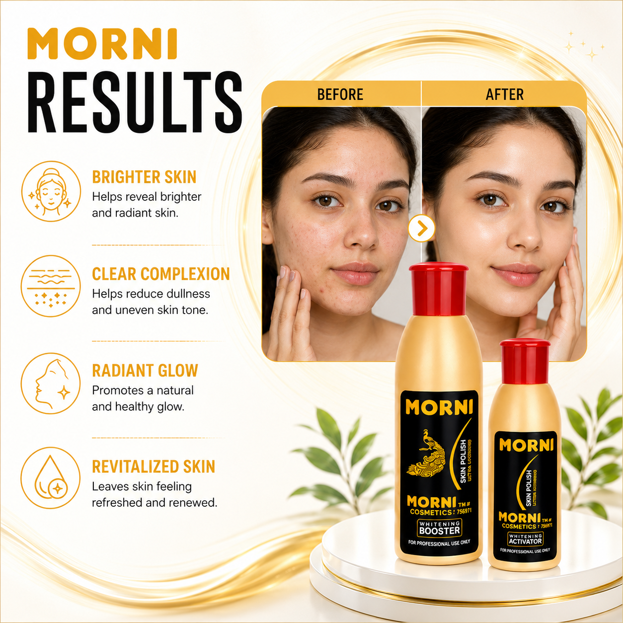 Side-by-side real facial results comparison showing glowing and radiant skin before and after using HK Khalid Morni Skin Polish.