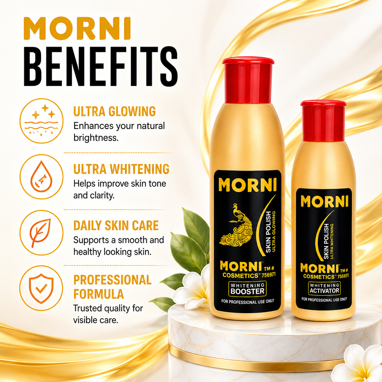 Infographic displaying the skincare benefits of HK Khalid Morni Skin Polish, including skin brightening and hydration.