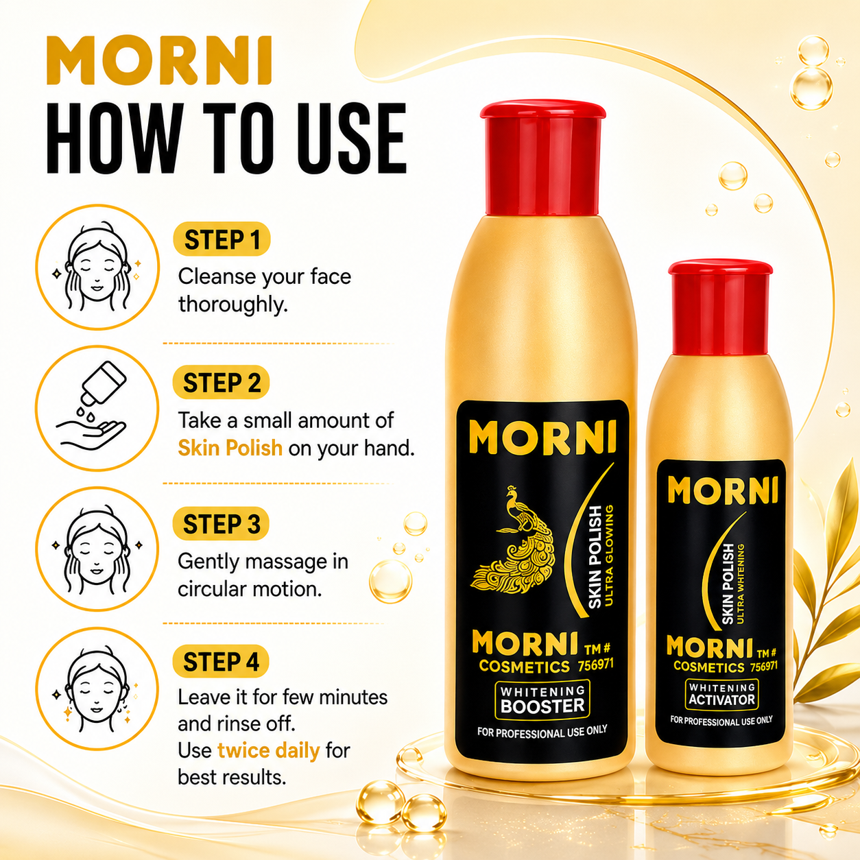 Step-by-step infographic guide on how to apply and use HK Khalid Morni Skin Polish for face exfoliation.