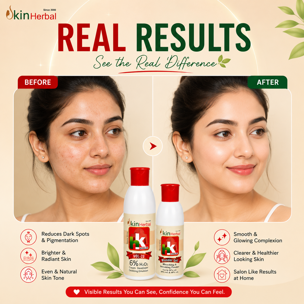 Infographic displaying skin brightening and dark spot reduction results before and after using HK Khalid Skin Herbal Bleach.