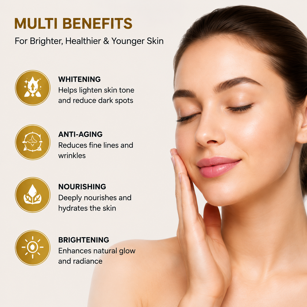 Beauty skincare banner showing glowing skin benefits of HK Khalid Gluta White Night Cream including whitening and anti-aging.