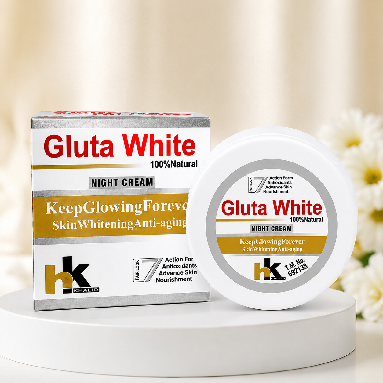 HK Khalid Gluta White Night Cream displayed on premium white podium with elegant skincare background.