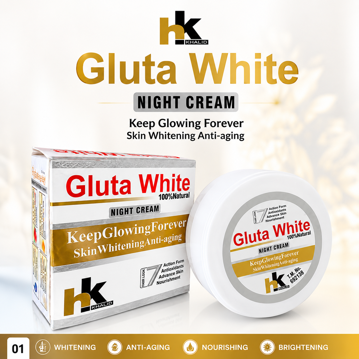HK Khalid Gluta White Night Cream product box and cream jar on white background for skincare website product listing.