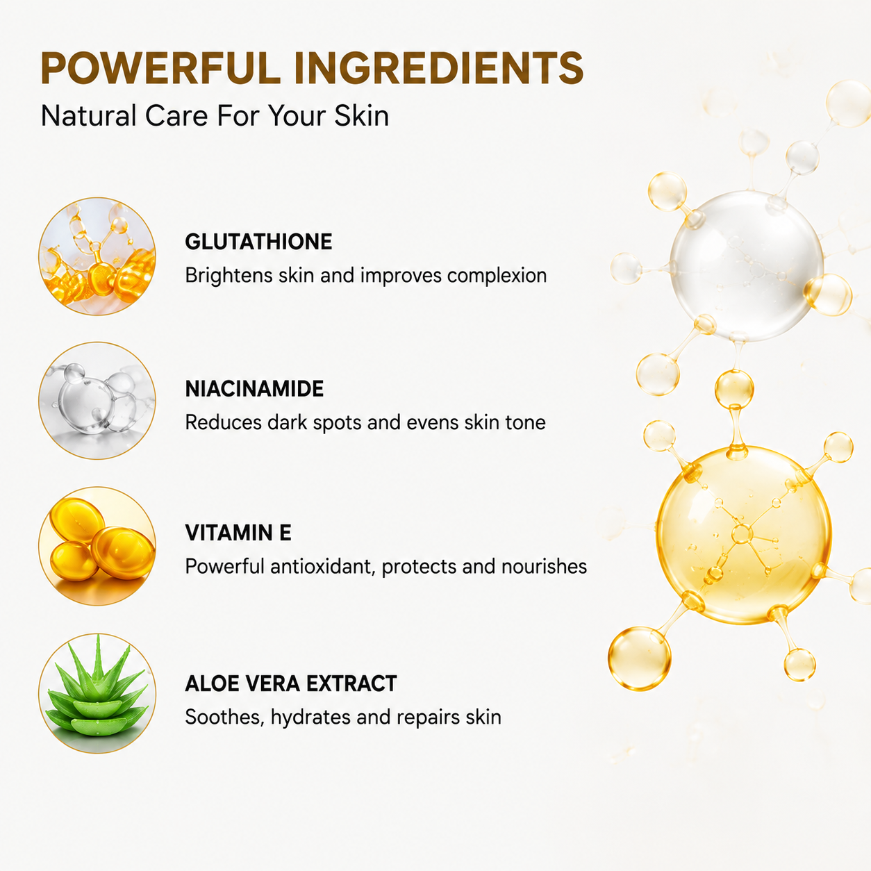 Ingredient infographic for HK Khalid Gluta White Night Cream featuring glutathione, niacinamide, vitamin E and aloe vera.